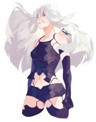Rule 34 | 1girl, android, animal, animal on shoulder, bird, bird on shoulder, black gloves, blue eyes, breasts, cropped legs, elbow gloves, floating hair, gloves, hair between eyes, highres, joints, lips, long hair, medium breasts, mole, mole under mouth, navel, nier (series), nier:automata, robot joints, short shorts, shorts, silver hair, solo, spaghetti strap, stomach, thighhighs, vonnabeee, a2 (nier:automata)