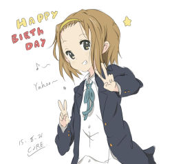 Rule 34 | 10s, 1girl, 2015, artist name, brown eyes, brown hair, core (mayomayo), dated, double v, grin, hairband, happy birthday, k-on!, musical note, school uniform, short hair, simple background, smile, solo, star (symbol), tainaka ritsu, v