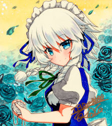 Rule 34 | 1girl, bad id, bad pixiv id, blue background, blue eyes, blue vest, braid, breasts, closed mouth, floral background, from side, green ribbon, hair between eyes, holding, holding pocket watch, izayoi sakuya, looking at viewer, looking to the side, maid, maid headdress, medium hair, multicolored background, neck ribbon, pocket watch, puffy sleeves, qqqrinkappp, ribbon, rose background, shadow, shikishi, shirt, silver hair, small breasts, smile, solo, touhou, traditional media, twin braids, upper body, vest, watch, white shirt, yellow background
