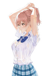 Rule 34 | arms up, blue bow, blue bowtie, bow, bowtie, bra, bra visible through clothes, breasts, brown eyes, brown hair, buttons, checkered clothes, checkered skirt, closed mouth, collared shirt, highres, koe no katachi, medium breasts, nishimiya shouko, ponytail, rain, school uniform, see-through, shirt, shirt tucked in, short sleeves, skirt, solo, standing, tying hair, underwear, wet, wet clothes, wet shirt, white bra, white shirt, yunsang