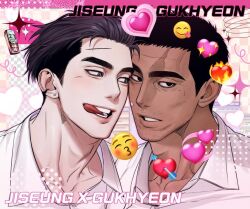 Rule 34 | 2boys, bara, bishie sparkle, dark-skinned male, dark skin, emoji, gimgyeon (dog 0987), gukhyeon (balnom), heads together, heart, jiseung (balnom), licking lips, looking at viewer, male focus, mature male, multiple boys, original, pink background, portrait, second-party source, short hair, smile, sparse stubble, thick eyebrows, tongue, tongue out, yaoi