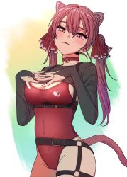 Rule 34 | 1girl, absurdres, animal ears, blush, breasts, cat day, cat ears, cat tail, closed mouth, commentary request, covered navel, drill hair, eyebrows hidden by hair, fang, fang out, heterochromia, highres, hololive, houshou marine, jangmaseason, large breasts, red eyes, red hair, ringlets, solo, tail, twin drills, twintails, virtual youtuber, yellow eyes