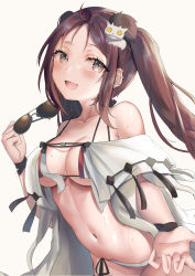 Rule 34 | 1girl, absurdres, bare shoulders, bikini, blush, breasts, brown eyes, brown hair, cleavage, collarbone, earrings, unworn eyewear, fate/grand order, fate (series), hair ornament, highres, jewelry, long hair, looking at viewer, medium breasts, multiple earrings, navel, open clothes, open mouth, outstretched arm, robe, smile, solo, sunglasses, sunglasses removed, swimsuit, twintails, very long hair, white bikini, yu mei-ren (fate), yu mei-ren (swimsuit lancer) (fate), yufou