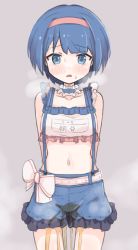 Rule 34 | 1girl, absurdres, arms behind back, bare shoulders, belt, blue choker, blue eyes, blue hair, blue shorts, blush, bow, breasts, breath, brown background, choker, clothes writing, collarbone, cowboy shot, crop top, embarrassed, female focus, frilled choker, frilled shirt, frilled shorts, frills, hairband, hashire! taiikumatsuri! ~jikkou iin wa ooisogashi~ (project sekai), highres, japanese text, kiritani haruka, looking at viewer, matching hair/eyes, midriff, navel, open mouth, pee, peeing, peeing self, project sekai, red hairband, shirt, short hair, short shorts, shorts, sidelocks, simple background, sinasimu4746, sleeveless, sleeveless shirt, small breasts, solo, standing, steam, stomach, straight-on, suspender shorts, suspenders, sweat, translated, wet, wet clothes, white bow, white shirt
