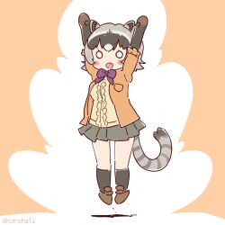 Rule 34 | 1girl, animal ears, arms up, bow, bowtie, cardigan, coroha, crab-eating raccoon (kemono friends), elbow gloves, extra ears, full body, gloves, grey hair, jumping, kemono friends, kemono friends 3, looking at viewer, pink background, raccoon ears, raccoon girl, raccoon tail, shirt, shoes, short hair, simple background, skirt, socks, solo, tail