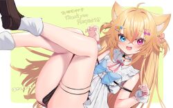 Rule 34 | 1girl, :d, absurdres, animal ear fluff, animal ears, babu desu, blonde hair, blue eyes, commission, dress, heterochromia, highres, indie virtual youtuber, lion ears, lion girl, long hair, looking at viewer, moti yousei, open mouth, purple eyes, short dress, skeb commission, sleeveless, sleeveless dress, smile, two side up, virtual youtuber, white dress, wrist cuffs