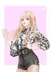 Rule 34 | 1girl, animification, belt, blackpink, blonde hair, blunt bangs, border, character name, commentary, cowboy shot, fishnet pantyhose, fishnets, hand on own hip, k-pop, lisa (blackpink), long hair, looking at viewer, pantyhose, pink background, real life, short shorts, shorts, signature, simple background, solo, symbol-only commentary, vrekx x, white border