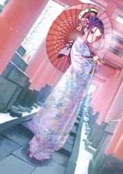 Rule 34 | 10s, 1girl, alternate hairstyle, blush, breath, carrying over shoulder, colored eyelashes, dragon print, dutch angle, eyelashes, floral print, flower, from side, full body, furisode, hair between eyes, hair flower, hair ornament, hair up, halo, highres, holding, holding umbrella, japanese clothes, kantai collection, kimono, long sleeves, looking at viewer, md5 mismatch, mechanical halo, mocha, multiple torii, new year, obi, oil-paper umbrella, outdoors, parted lips, print kimono, purple eyes, purple hair, sandals, sash, seigaiha, snow, snowing, socks, solo, stairs, standing, tabi, tassel, tatsuta (kancolle), torii, tree, umbrella, white socks, wide sleeves, zouri