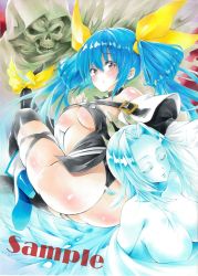 Rule 34 | 1girl, arim0k0, ass, asymmetrical wings, bare shoulders, black choker, black thighhighs, blue footwear, blue hair, blush, breasts, butt crack, choker, cleavage, cross-laced clothes, curvy, dizzy (guilty gear), guilty gear, guilty gear x, guilty gear xx, hair ribbon, hair rings, high heels, highres, large breasts, looking at viewer, looking back, necro (guilty gear), plump, red eyes, ribbon, sample watermark, skindentation, solo, tail, tail ornament, tail ribbon, thighhighs, thighs, traditional media, twintails, underboob, undine (guilty gear), watermark, wings, yellow ribbon