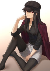 Rule 34 | 1girl, between legs, black hair, black hat, black pantyhose, black shirt, breasts, cleavage, collared shirt, commentary request, elbow on knee, fate/grand order, fate (series), gradient background, grey shorts, hair between eyes, hand between legs, hat, highres, jacket, jacket on shoulders, knee up, long hair, long sleeves, looking at viewer, mashuu (neko no oyashiro), medium breasts, no shoes, oda nobunaga (fate), oda nobunaga (koha-ace), pantyhose, red eyes, red jacket, shirt, shorts, sidelocks, signature, simple background, sleeves rolled up, smile, solo, tsurime