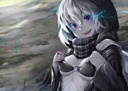 Rule 34 | 1girl, abyssal ship, bikini, bikini top only, blush, breasts, cockadooodledoo, epic, glowing, glowing eyes, hair between eyes, highres, hood, hooded jacket, hoodie, jacket, kantai collection, looking at viewer, o-ring, o-ring top, open mouth, pale skin, purple eyes, re-class battleship, ribs, scarf, sharp teeth, short hair, small breasts, solo, swimsuit, tail, teeth, white hair