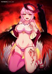 Rule 34 | + +, 1girl, :d, arm tattoo, asymmetrical legwear, bare shoulders, black gloves, black panties, black wings, blush, breasts, bridal gauntlets, cameltoe, cleft of venus, collarbone, commentary request, spiked halo, covered erect nipples, crop top, cross, dark persona, elbow gloves, evil smile, fangs, feathered wings, full body, gloves, glowing, glowing eye, gluteal fold, gradient background, gradient eyes, gradient hair, gradient wings, groin, hair between eyes, halo, highres, holding, holding scythe, jibril (no game no life), kneehighs, kneeling, large breasts, leg tattoo, long hair, looking at viewer, low wings, meru rumi, midriff, mismatched legwear, multicolored eyes, multicolored hair, multicolored wings, navel, no game no life, open mouth, panties, patreon username, pink hair, pink socks, red background, red wings, sarong, scythe, shirt, sidelocks, signature, single bridal gauntlet, single elbow glove, single kneehigh, single sock, single thighhigh, skindentation, sleeveless, sleeveless shirt, smile, socks, solo, striped clothes, striped socks, swept bangs, symbol-shaped pupils, tattoo, taut clothes, taut shirt, thighhighs, torn clothes, torn sarong, underwear, very long hair, white shirt, wing ears, wings, yellow eyes