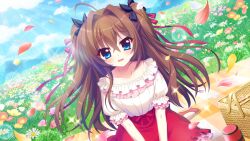 Rule 34 | 1girl, black bow, blanket, blue eyes, blue sky, bow, brown hair, cloud, collar, collarbone, daisy, day, dot nose, dutch angle, film grain, flower, flower request, frilled collar, frilled shirt, frilled sleeves, frills, game cg, grass, hair bow, hands on lap, izumi tsubasu, lens flare, looking at viewer, mountainous horizon, non-web source, official art, on ground, open mouth, petals, picnic, picnic basket, pink shirt, re:stage!, red footwear, red skirt, shikimiya aone, shirt, shoes, short sleeves, sile, sitting, skirt, sky, solo, sparkle, sunlight, thermos, two side up, wariza, wind