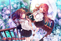 Rule 34 | 2girls, :d, bag, black skirt, blouse, brown eyes, brown hair, closed mouth, closed umbrella, floating hair, flower, from above, hand up, haruka natsuki, holding, holding umbrella, hydrangea, kneehighs, lantern, long hair, looking at viewer, low twintails, multiple girls, necktie, open mouth, original, outdoors, pleated skirt, purple eyes, railing, red necktie, reflection, reflective floor, school bag, school uniform, shirt, shoulder bag, sidelocks, skirt, sleeves rolled up, smile, socks, stairs, standing, striped necktie, transparent, transparent umbrella, twintails, umbrella, very long hair, wet, wet clothes, wet shirt, white legwear, white shirt, wisteria