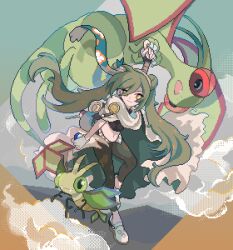 Rule 34 | 1girl, artist name, black pants, claws, closed mouth, cloud, commentary, creatures (company), evolutionary line, fangs, flygon, game freak, gen 3 pokemon, great ball, green hair, green sky, ground miku (project voltage), hair bun, hatsune miku, highres, holding, holding poke ball, long hair, midriff, navel, nekoolantern, nintendo, open mouth, pants, pixel art, poke ball, pokemon, pokemon (creature), project voltage, smile, twintails, twitter username, vibrava, vocaloid, wings