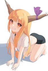 1girl :d absurdres all_fours alternate_costume bare_legs barefoot black_shorts blunt_bangs commentary_request grin highres horn_ornament horn_ribbon horns ibuki_suika light_blush long_hair looking_at_viewer midriff oeyama open_mouth orange_eyes orange_hair purple_ribbon ribbon shadow shirt short_sleeves shorts simple_background smile solo t-shirt touhou very_long_hair white_background