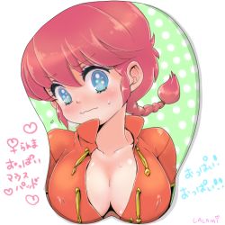 Rule 34 | 1girl, blue eyes, blush, braid, braided ponytail, breast mousepad, breasts, chinese clothes, cleavage, face, genderswap, genderswap (mtf), hoshino lala, large breasts, mousepad, mousepad (medium), oppai oppai, ranma-chan, ranma 1/2, red hair, saotome ranma, single braid, solo, tangzhuang, translated