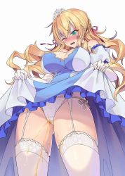 Rule 34 | 1girl, bare shoulders, blonde hair, blue dress, blush, braid, breasts, cameltoe, clothes lift, dress, dress lift, elbow gloves, embarrassed, female focus, french braid, frilled dress, frills, garter straps, gloves, green eyes, hair ribbon, highres, jpeg artifacts, koikawa minoru, large breasts, lifted by self, long hair, looking down, nose blush, off shoulder, one eye closed, open mouth, original, panties, peeing, peeing self, princess, red ribbon, ribbon, short sleeves, side-tie panties, simple background, skindentation, solo, tears, teeth, thighhighs, tiara, underwear, wet, wet clothes, wet panties, white background, white gloves, white panties, white thighhighs, wince
