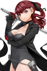 Rule 34 | 1girl, belt, black choker, black jacket, black leotard, black ribbon, breast hold, breasts, chain, choker, cleavage, closed mouth, collarbone, commentary request, cowboy shot, frilled sleeves, frills, gloves, hair ribbon, hand on own arm, hand up, highres, holding, holding sword, holding weapon, jacket, leotard, long hair, long sleeves, looking at viewer, matching hair/eyes, medium breasts, nemu (nebusokugimi), open clothes, open jacket, persona, persona 5, ponytail, red eyes, red gloves, red hair, ribbon, scabbard, sheath, simple background, smile, solo, sword, weapon, white background, yoshizawa kasumi