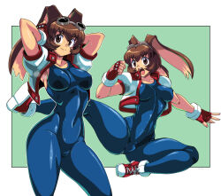 Rule 34 | 1girl, animal ears, arms behind head, arms up, blue unitard, breasts, brown eyes, brown hair, closed mouth, collarbone, commentary request, covered erect nipples, covered navel, cropped jacket, fingerless gloves, full body, gloves, goggles, goggles on head, green background, hands up, highres, jacket, kanriken, kicking, large breasts, looking at viewer, makihara arina, multiple views, open clothes, open jacket, open mouth, puffy short sleeves, puffy sleeves, rabbit ears, red gloves, shoes, short sleeves, simple background, skin tight, smile, sneakers, sweat, sweatdrop, teeth, unitard, upper teeth only, waku waku 7