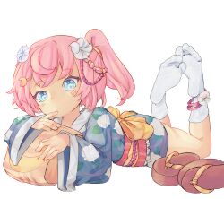 Rule 34 | 1girl, anklet, blue eyes, blush, bow, braid, chaosexceed, closed mouth, commentary request, crescent, crescent hair ornament, feet, feet up, finger to own chin, floral print, flower, foot focus, geta, hair flower, hair ornament, hairclip, japanese clothes, jewelry, kimono, long sleeves, looking at viewer, lying, medium hair, obi, obiage, obijime, on ground, on stomach, one side up, original, pink hair, sandals, unworn sandals, sash, short socks, simple background, socks, soles, solo, tabi, the pose, toes, white background, white socks, wide sleeves, yellow bow