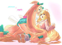 Rule 34 | 2girls, ahoge, angelia avallone, aq interactive, arc system works, arcana heart, ass, atlus, barefoot, blazblue, blazblue: continuum shift, blonde hair, blush, character name, crossover, drill hair, ere (2516325), examu, feet, green eyes, head bump, heart, highres, long hair, low-tied long hair, multiple girls, panties, pantyshot, platinum the trinity, quad tails, red eyes, symbol-shaped pupils, twintails, underwear, very long hair, yuri