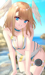 Rule 34 | 1girl, bent over, bikini, blue eyes, breast tattoo, breasts, breasts squeezed together, brown hair, choker, cleavage, eunie (xenoblade), head wings, highres, kyaro (wanu 14), long hair, looking at viewer, medium breasts, medium hair, smile, solo, swimsuit, tattoo, water, white wings, wings, xenoblade chronicles (series), xenoblade chronicles 3