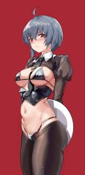 Rule 34 | 1girl, absurdres, ahoge, arms behind back, between breasts, bikini, black bikini, black necktie, black thighhighs, blush, breasts, character request, cleavage, closed mouth, covered erect nipples, cowboy shot, grey hair, highres, holding, holding tray, honkai (series), honkai impact 3rd, juliet sleeves, large breasts, long sleeves, looking at viewer, micro bikini, mole, mole under eye, navel, necktie, necktie between breasts, puffy sleeves, red background, red eyes, short hair, shrug (clothing), simple background, skindentation, solo, stomach, swimsuit, thighhighs, tray, zomzomzomsauce