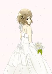 Rule 34 | 1girl, brown hair, dress, female focus, flower, hidamari sketch, highres, simple background, solo, wedding dress, yuno (hidamari sketch)