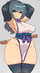 Rule 34 | 1girl, armpits, arms up, black gloves, black thighhighs, blue hair, breasts, curvy, elbow gloves, gloves, grey background, hair ribbon, haku hakujou daimaou, highres, japanese clothes, large breasts, loincloth, long hair, original, ponytail, ribbon, sideboob, simple background, sleeveless, smile, solo, teeth, thick thighs, thighhighs, thighs, thong, upper teeth only, wide hips, yellow eyes