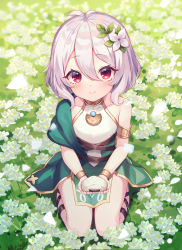 Rule 34 | 1girl, absurdres, antenna hair, bare shoulders, breasts, closed mouth, collarbone, commentary request, day, dress, field, flower, flower field, food, full body, hair between eyes, hair flower, hair ornament, highres, holding, holding food, kokkoro (princess connect!), nam (nam990902), onigiri, outdoors, princess connect!, red eyes, silver hair, sitting, sleeveless, sleeveless dress, small breasts, smile, solo, wariza, white dress, white flower