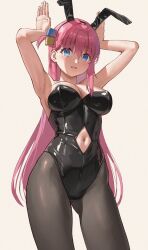 Rule 34 | 1girl, alternate costume, animal ears, anteiru, armpits, arms up, bare arms, bare shoulders, black hairband, black leotard, black pantyhose, blue eyes, blush, bocchi the rock!, breasts, cleavage, clothing cutout, contrapposto, cowboy shot, cube hair ornament, embarrassed, fake animal ears, gluteal fold, gotoh hitori, hair behind ear, hair between eyes, hair ornament, hairband, highleg, highleg leotard, highres, large breasts, leotard, long hair, looking at viewer, navel, navel cutout, one side up, pantyhose, parted lips, pink hair, playboy bunny, rabbit pose, raised eyebrows, sidelocks, simple background, solo, strapless, strapless leotard, thighs, white background