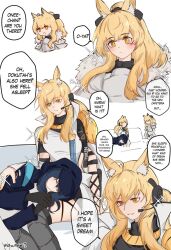 Rule 34 | 3girls, animal ear fluff, animal ears, arknights, armor, arya melati, black bow, black hair, blemishine (arknights), blonde hair, blue eyes, blush, bow, cape, chibi, chibi inset, closed eyes, comic, couch, doctor (arknights), female doctor (arknights), fur-trimmed armor, fur trim, gauntlets, hair bow, headset, highres, hood, hood up, hooded coat, horse ears, horse girl, hug, implied extra ears, lap pillow, long hair, long sleeves, looking at another, low ponytail, lying, multiple girls, multiple views, nearl (arknights), nearl the radiant knight (arknights), on couch, on side, orange eyes, ponytail, signature, sitting, sleeping, smile, sparkle, speech bubble, twitter username, white background, white cape, yuri, zzz