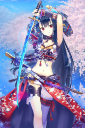 Rule 34 | 10s, 1girl, arm up, armor, armpits, black hair, breasts, chain chronicle, cleavage, cleavage cutout, clothing cutout, collar, floral print, hair ribbon, holding, holding sword, holding weapon, horns, long hair, looking at viewer, md5 mismatch, midriff, navel, oni, oni horns, original, red eyes, ribbon, senoo aoi, sheath, single thighhigh, smile, solo, spiked collar, spikes, standing, sword, thigh gap, thighhighs, very long hair, weapon