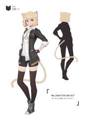 Rule 34 | 1girl, animal ear fluff, animal ears, black thighhighs, blonde hair, cat ears, cat tail, character name, deel (rkeg), earrings, english text, gloves, hand on own hip, highres, id card, jewelry, lisa (deel), looking at viewer, multiple views, original, red eyes, short hair, shorts, silhouette, smile, tail, thighhighs, white background