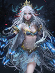 Rule 34 | 1girl, animal, aqua eyes, armlet, bare shoulders, bikini, bikini top only, blue gloves, bug, butterfly, closed mouth, crown, detached collar, elf, facial mark, floating hair, flower, forehead mark, gem, gloves, hair flower, hair ornament, insect, jewelry, light particles, long hair, looking at viewer, midriff, miniskirt, navel, night, night sky, original, outdoors, outstretched arms, petals, pointy ears, princess, red flower, red lips, see-through, silver hair, skirt, sky, smoke, solo, star (sky), stomach, swept bangs, swimsuit, tree, very long hair, yoru (xueyinye)