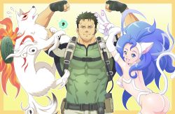 Rule 34 | 1boy, 1girl, abs, amaterasu (ookami), animal ears, animal hands, ass, biceps, big hair, blue eyes, blue hair, breasts, capcom, cat ears, cat tail, chris redfield, company connection, crossover, double biceps pose, facial hair, fang, felicia (vampire), fingerless gloves, flexing, gloves, goatee stubble, hairband, headset, issun, long hair, manly, marvel, marvel vs. capcom, marvel vs. capcom 3, medium breasts, muscular, mustache stubble, ookami (game), open mouth, pochikoro, resident evil, smile, stubble, tail, v, vampire (game), wolf