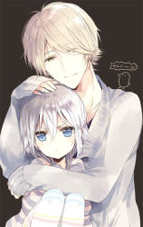 Rule 34 | 1boy, 1girl, :t, black background, blonde hair, blue eyes, blush, brown background, capriccio, closed mouth, collarbone, eyes visible through hair, fingernails, grey hair, grey sweater, hair between eyes, hair over one eye, half-closed eyes, hand on another&#039;s head, head tilt, headpat, height difference, hug, hug from behind, knees up, long hair, long sleeves, looking at viewer, pantyhose, pout, shirt, short hair, simple background, sitting, sleeves past wrists, smile, speech bubble, striped clothes, striped pantyhose, striped shirt, sweater, swept bangs, thighhighs, upper body, v-shaped eyebrows, white hair, yellow eyes