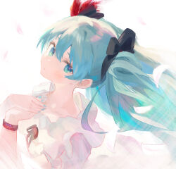 Rule 34 | 1girl, aqua eyes, aqua hair, aqua nails, black bow, black ribbon, blouse, bow, bracelet, collarbone, faux traditional media, feather hair ornament, feathers, floating hair, frilled shirt, frills, hair bow, hair ornament, hair ribbon, hands on own chest, hatsune miku, highres, jewelry, light blush, mihoranran, own hands together, pale skin, pastel colors, project diva (series), red feathers, ribbon, shirt, solo, supreme (module), twintails, vocaloid, white background, white feathers, white shirt, wind, world is mine (vocaloid)