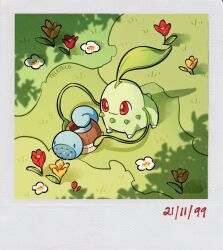 Rule 34 | chikorita, creatures (company), dated, duplicate, flower, from above, game freak, gen 1 pokemon, gen 2 pokemon, grass, holding, holding watering can, nintendo, no humans, orange flower, pokemon, pokemon (creature), red eyes, red flower, smile, squirtle, standing, teletelo, water, watering can, white flower