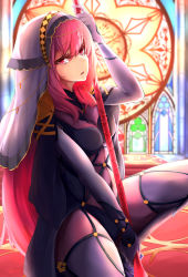 Rule 34 | 1girl, armor, bodysuit, breasts, church, covered navel, fate/grand order, fate (series), gae bolg (fate), glass, highres, indoors, jewelry, large breasts, long hair, looking at viewer, pauldrons, polearm, purple bodysuit, purple hair, red eyes, red hair, scathach (fate), scathach (fate), shoulder armor, solo, spear, squatting, stained glass, veil, weapon, yoku yoo
