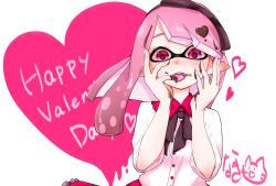 Rule 34 | 1girl, artist name, black ribbon, blunt bangs, blunt ends, chocolate, collar, collared shirt, commentary, english text, fangs, food, food on face, food on head, frilled collar, frilled skirt, frills, hair ribbon, happy valentine, heart, heart-shaped pupils, highres, inkling, inkling girl, inkling player character, licking, licking finger, long hair, looking at viewer, mask, naki tamago, neck ribbon, nintendo, object on head, open mouth, pink eyes, pink hair, pointy ears, red skirt, ribbon, shirt, short sleeves, signature, skirt, smile, solo, splatoon (series), symbol-shaped pupils, tentacle hair, upper body, valentine, white shirt, wing collar, yandere trance