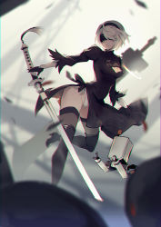 Rule 34 | 1girl, black dress, black footwear, black gloves, black thighhighs, blindfold, boots, breasts, cleavage, cleavage cutout, closed mouth, clothing cutout, dress, full body, gloves, hairband, high heel boots, high heels, holding, holding sword, holding weapon, juliet sleeves, katana, knee boots, leotard, leotard under clothes, long sleeves, nier (series), nier:automata, pelvic curtain, pod (nier:automata), puffy sleeves, short hair, small breasts, solo, sword, thighhighs, two-sided fabric, two-sided skirt, vienri, weapon, white hair, white leotard, 2b (nier:automata)
