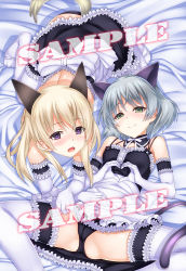 Rule 34 | 2girls, animal ears, black panties, blonde hair, blush, cat ears, cat tail, cleft of venus, clothes lift, detached collar, detached sleeves, eila ilmatar juutilainen, green eyes, grey hair, heart, heart hands, lace, lace-trimmed legwear, lace trim, looking at viewer, maid, multiple girls, okina ika, on bed, open mouth, panties, purple eyes, sample watermark, sanya v. litvyak, skirt, skirt lift, strike witches, tail, thighhighs, underwear, watermark, world witches series
