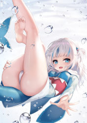 Rule 34 | 1girl, barefoot, blue eyes, blue hair, blue nails, blunt bangs, blush, bubble, cameltoe, ehart, feet, fins, fish tail, gawr gura, gawr gura (1st costume), hair ornament, highres, hololive, hololive english, hood, hoodie, looking at viewer, multicolored hair, nail polish, open mouth, panties, shark tail, sharp teeth, silver hair, smile, soles, solo, streaked hair, tail, teeth, toes, underwear, virtual youtuber, white panties