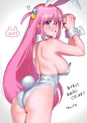 Rule 34 | 1girl, animal ears, ass, bare shoulders, blue eyes, bocchi the rock!, breasts, detached collar, gotoh hitori, hair bobbles, hair ornament, highres, large breasts, leotard, long hair, nanja, new year, pink hair, playboy bunny, rabbit ears, rabbit tail, sagging breasts, sideboob, sidelocks, simple background, solo, tail, white background, wrist cuffs