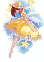 Rule 34 | 1girl, absurdres, arima kana, barefoot, closed mouth, cloud, cybersparks1, dress, happy, hat, hat ribbon, highres, light smile, oshi no ko, red eyes, red hair, ribbon, short hair, star (symbol), yellow dress, yellow headwear