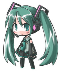 Rule 34 | 1girl, blush, chibi, detached sleeves, hatsune miku, headphones, kugelschreiber, long hair, looking at viewer, necktie, simple background, skirt, solo, twintails, vocaloid, white background