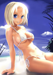 1girl arm_support beach bikini blonde_hair blue_eyes breasts cloud cowboy_shot day female_focus grin katahira_masashi medium_breasts navel original outdoors short_hair side-tie_bikini_bottom sideboob sky smile solo strap_gap swimsuit underboob white_bikini