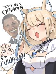 Rule 34 | 1boy, 2girls, ?, animal ear fluff, animal ears, barack obama, black eyes, black hair, blonde hair, blue eyes, blue hair, blue hairband, breasts, closed eyes, collar, dark-skinned male, dark skin, dog ears, dog girl, dress, english text, fang, fuwawa abyssgard, fuwawa abyssgard (1st costume), hair between eyes, hair ornament, hairband, hairclip, hand up, highres, hololive, hololive english, long hair, medium breasts, mococo abyssgard, multicolored hair, multiple girls, open mouth, pink hairband, politician, short hair, siblings, sidelocks, simple background, sisters, skin fang, smile, sobbi11, sparkle, spiked collar, spikes, streaked hair, truth, twintails, twitter username, upper body, virtual youtuber, white background, white dress